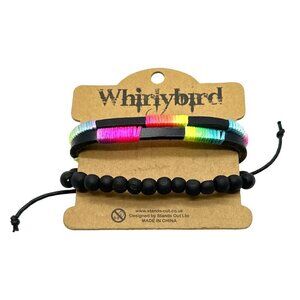 Whirlybird Bracelet Set Rainbow Color Black Leather Beaded Slider